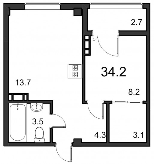 Однокомнатная квартира 34.2 м²