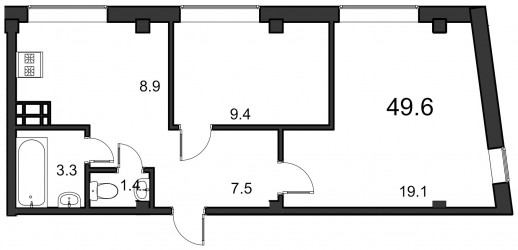 Двухкомнатная квартира 49.6 м²