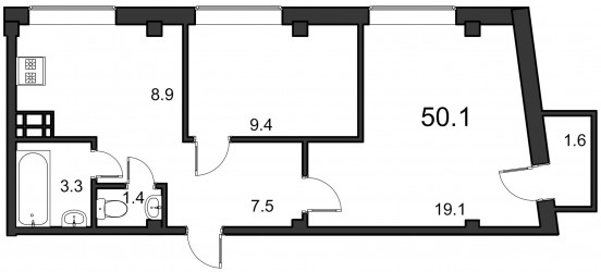 Двухкомнатная квартира 50.1 м²