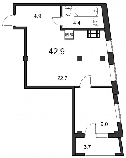 Однокомнатная квартира 42.9 м²