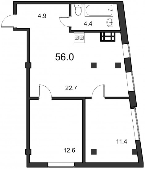 Двухкомнатная квартира 56 м²