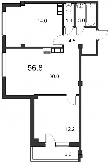 Двухкомнатная квартира 56.8 м²