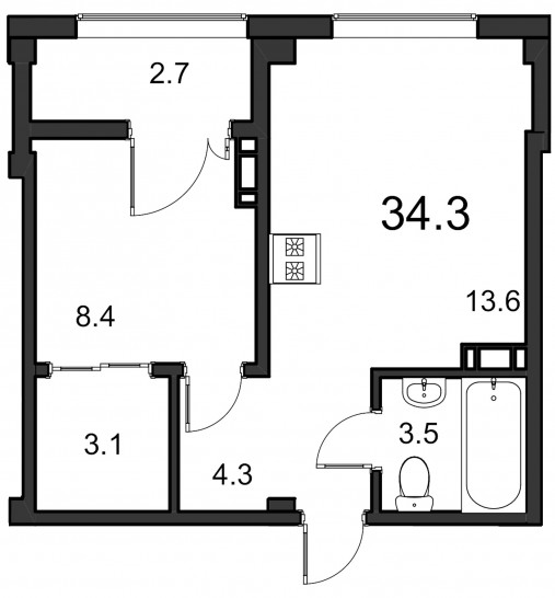 Однокомнатная квартира 34.3 м²