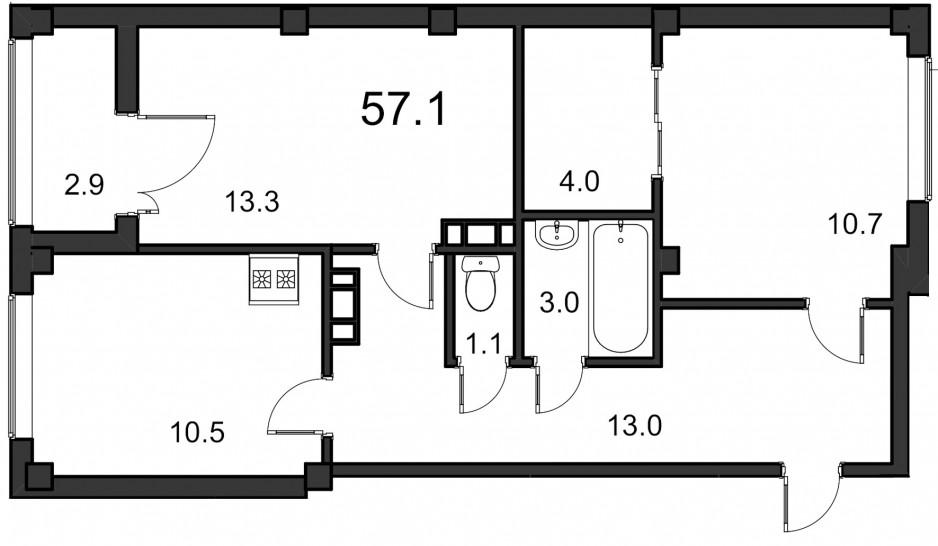 Двухкомнатная квартира 57.1 м²