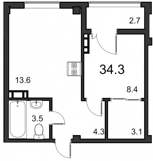 Однокомнатная квартира 34.3 м²