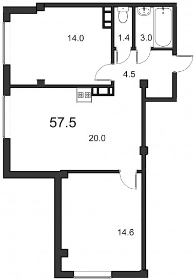 Двухкомнатная квартира 57.5 м²