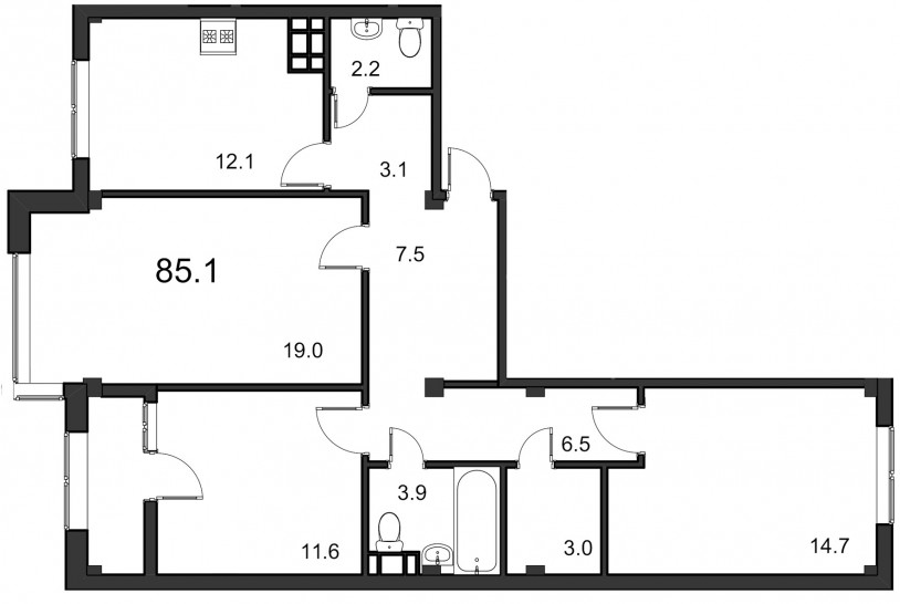 Трёхкомнатная квартира 85.1 м²