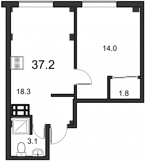 Однокомнатная квартира 37.2 м²
