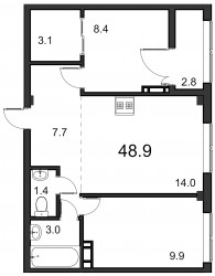 Двухкомнатная квартира 48.9 м²