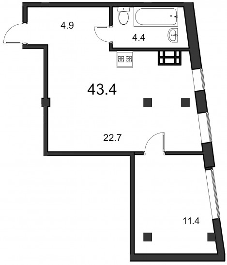 Однокомнатная квартира 43.4 м²