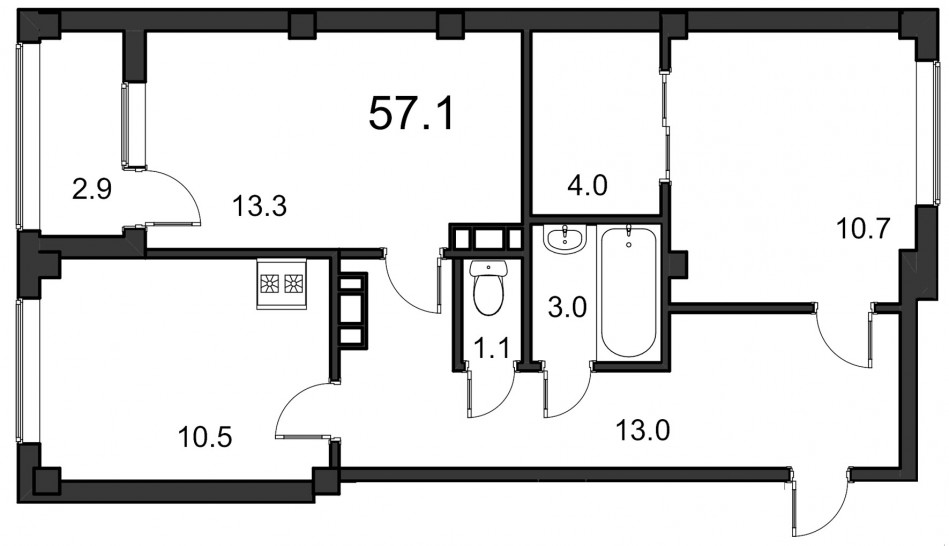 Двухкомнатная квартира 57.1 м²