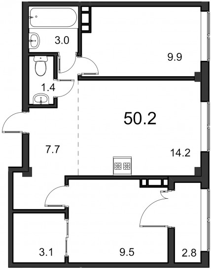 Двухкомнатная квартира 50.2 м²