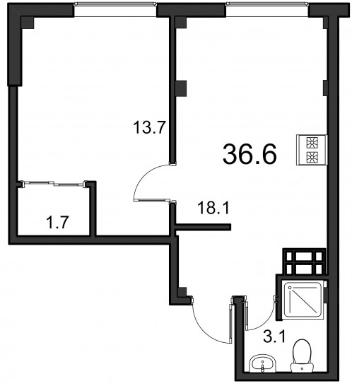 Однокомнатная квартира 36.6 м²